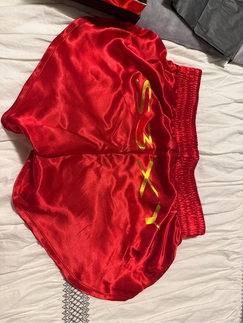Tesla Red Satin Athletic Shorts with Gold Logo